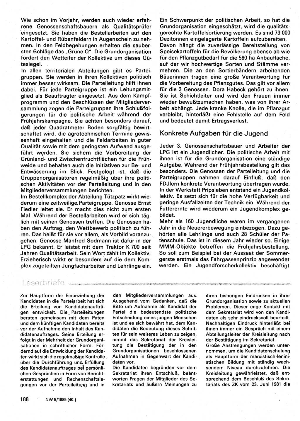 Neuer Weg (NW), Organ des Zentralkomitees (ZK) der SED (Sozialistische Einheitspartei Deutschlands) für Fragen des Parteilebens, 40. Jahrgang [Deutsche Demokratische Republik (DDR)] 1985, Seite 188 (NW ZK SED DDR 1985, S. 188)