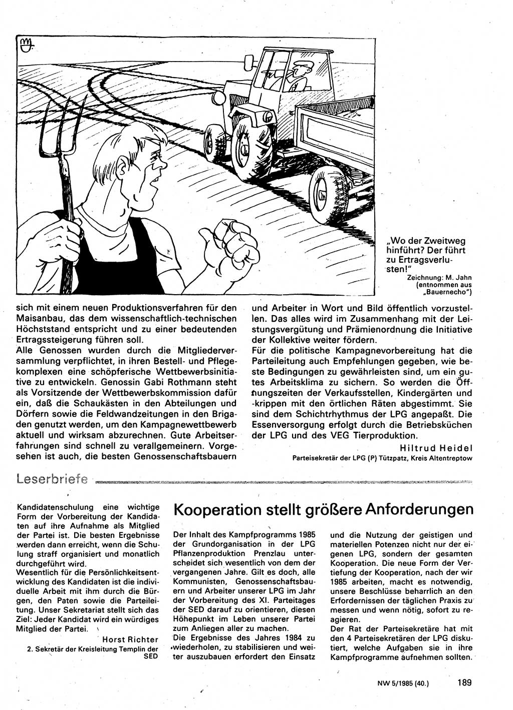 Neuer Weg (NW), Organ des Zentralkomitees (ZK) der SED (Sozialistische Einheitspartei Deutschlands) für Fragen des Parteilebens, 40. Jahrgang [Deutsche Demokratische Republik (DDR)] 1985, Seite 189 (NW ZK SED DDR 1985, S. 189)