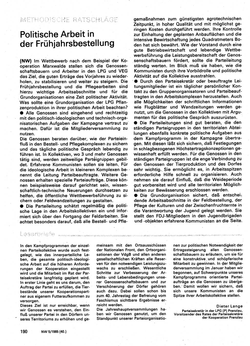 Neuer Weg (NW), Organ des Zentralkomitees (ZK) der SED (Sozialistische Einheitspartei Deutschlands) für Fragen des Parteilebens, 40. Jahrgang [Deutsche Demokratische Republik (DDR)] 1985, Seite 190 (NW ZK SED DDR 1985, S. 190)