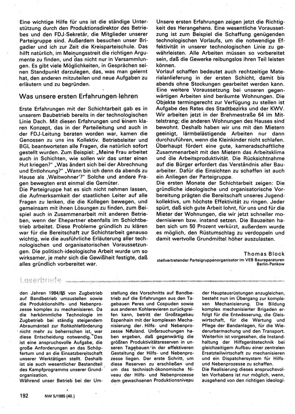 Neuer Weg (NW), Organ des Zentralkomitees (ZK) der SED (Sozialistische Einheitspartei Deutschlands) für Fragen des Parteilebens, 40. Jahrgang [Deutsche Demokratische Republik (DDR)] 1985, Seite 192 (NW ZK SED DDR 1985, S. 192)