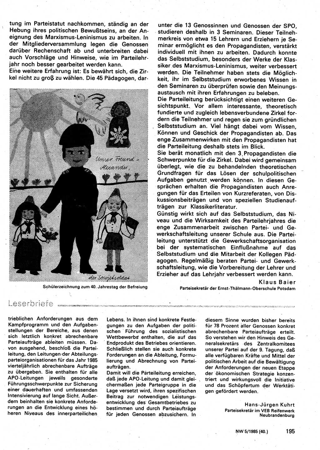 Neuer Weg (NW), Organ des Zentralkomitees (ZK) der SED (Sozialistische Einheitspartei Deutschlands) für Fragen des Parteilebens, 40. Jahrgang [Deutsche Demokratische Republik (DDR)] 1985, Seite 195 (NW ZK SED DDR 1985, S. 195)