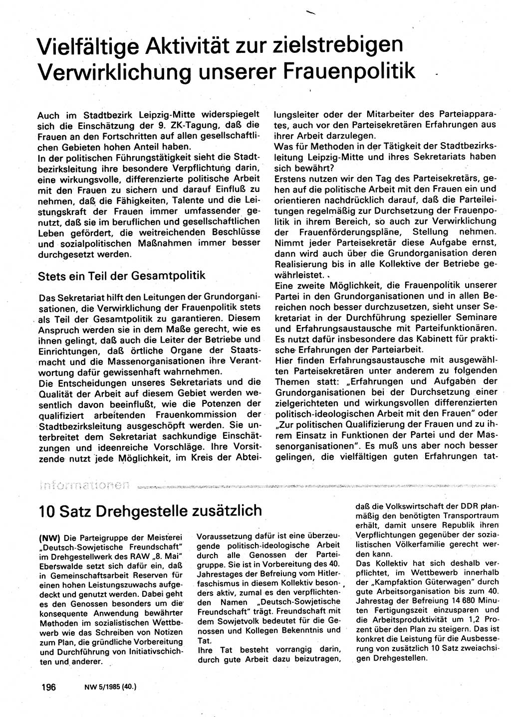 Neuer Weg (NW), Organ des Zentralkomitees (ZK) der SED (Sozialistische Einheitspartei Deutschlands) für Fragen des Parteilebens, 40. Jahrgang [Deutsche Demokratische Republik (DDR)] 1985, Seite 196 (NW ZK SED DDR 1985, S. 196)