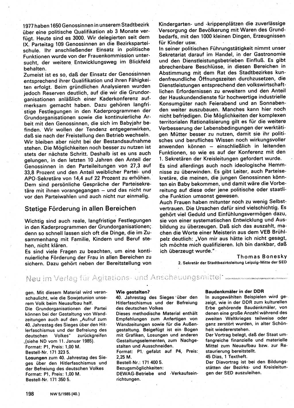 Neuer Weg (NW), Organ des Zentralkomitees (ZK) der SED (Sozialistische Einheitspartei Deutschlands) für Fragen des Parteilebens, 40. Jahrgang [Deutsche Demokratische Republik (DDR)] 1985, Seite 198 (NW ZK SED DDR 1985, S. 198)