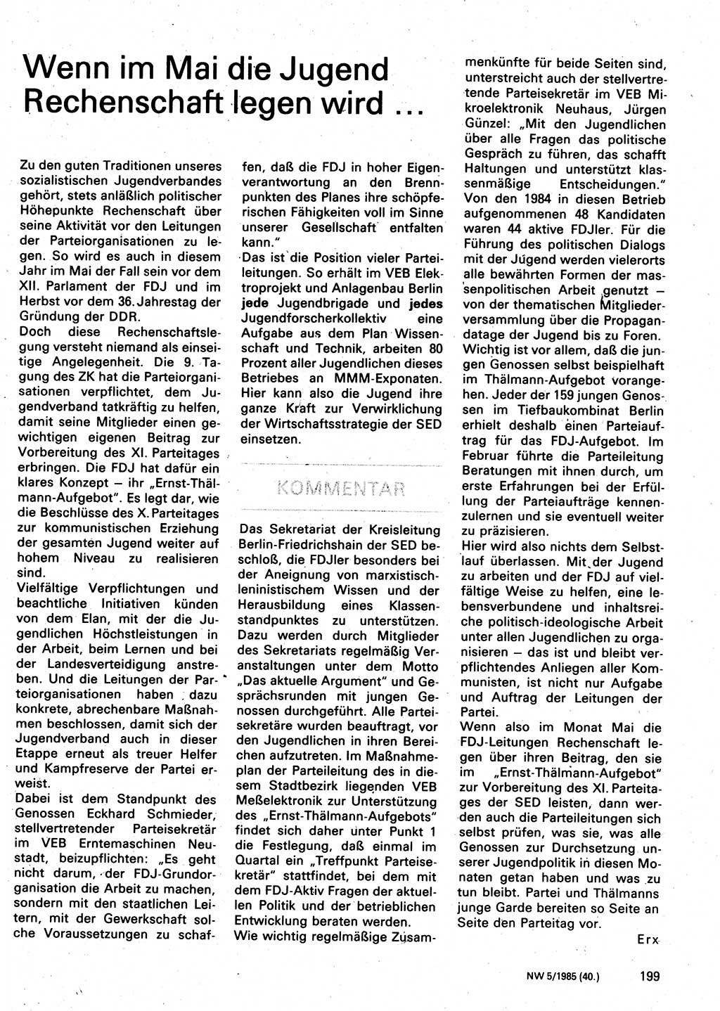Neuer Weg (NW), Organ des Zentralkomitees (ZK) der SED (Sozialistische Einheitspartei Deutschlands) für Fragen des Parteilebens, 40. Jahrgang [Deutsche Demokratische Republik (DDR)] 1985, Seite 199 (NW ZK SED DDR 1985, S. 199)