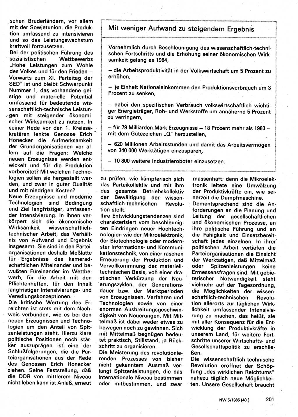 Neuer Weg (NW), Organ des Zentralkomitees (ZK) der SED (Sozialistische Einheitspartei Deutschlands) für Fragen des Parteilebens, 40. Jahrgang [Deutsche Demokratische Republik (DDR)] 1985, Seite 201 (NW ZK SED DDR 1985, S. 201)