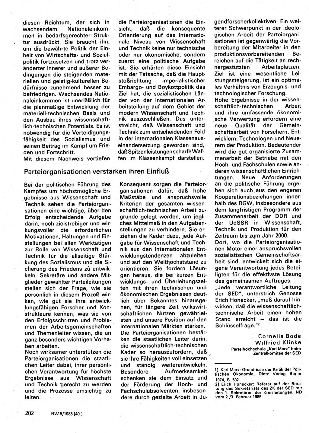Neuer Weg (NW), Organ des Zentralkomitees (ZK) der SED (Sozialistische Einheitspartei Deutschlands) fÃ¼r Fragen des Parteilebens, 40. Jahrgang [Deutsche Demokratische Republik (DDR)] 1985, Seite 202 (NW ZK SED DDR 1985, S. 202)