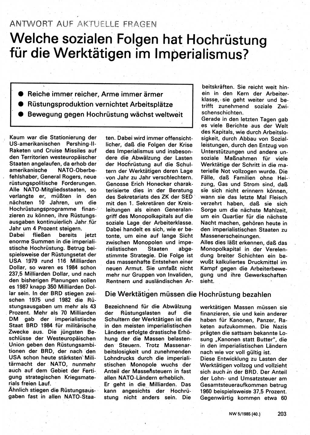 Neuer Weg (NW), Organ des Zentralkomitees (ZK) der SED (Sozialistische Einheitspartei Deutschlands) für Fragen des Parteilebens, 40. Jahrgang [Deutsche Demokratische Republik (DDR)] 1985, Seite 203 (NW ZK SED DDR 1985, S. 203)