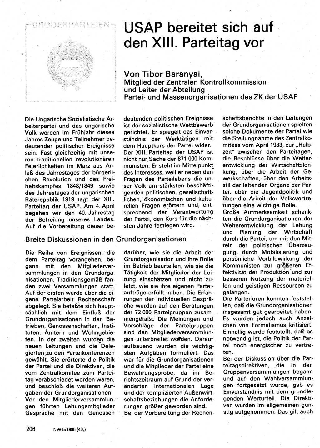 Neuer Weg (NW), Organ des Zentralkomitees (ZK) der SED (Sozialistische Einheitspartei Deutschlands) für Fragen des Parteilebens, 40. Jahrgang [Deutsche Demokratische Republik (DDR)] 1985, Seite 206 (NW ZK SED DDR 1985, S. 206)