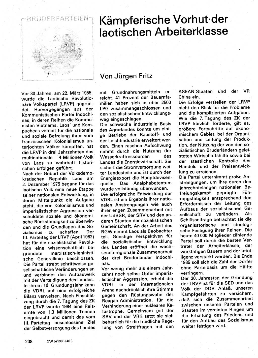 Neuer Weg (NW), Organ des Zentralkomitees (ZK) der SED (Sozialistische Einheitspartei Deutschlands) für Fragen des Parteilebens, 40. Jahrgang [Deutsche Demokratische Republik (DDR)] 1985, Seite 208 (NW ZK SED DDR 1985, S. 208)