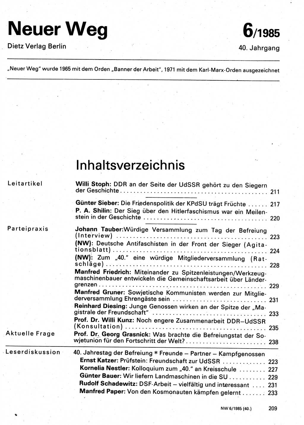 Neuer Weg (NW), Organ des Zentralkomitees (ZK) der SED (Sozialistische Einheitspartei Deutschlands) für Fragen des Parteilebens, 40. Jahrgang [Deutsche Demokratische Republik (DDR)] 1985, Seite 209 (NW ZK SED DDR 1985, S. 209)