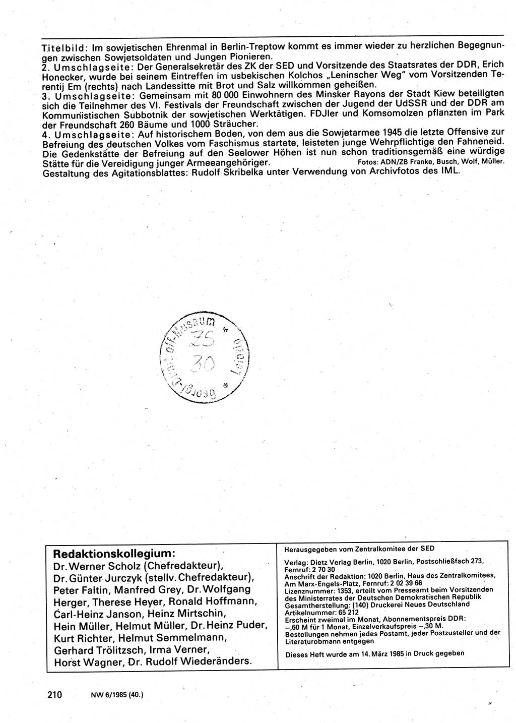 Neuer Weg (NW), Organ des Zentralkomitees (ZK) der SED (Sozialistische Einheitspartei Deutschlands) für Fragen des Parteilebens, 40. Jahrgang [Deutsche Demokratische Republik (DDR)] 1985, Seite 210 (NW ZK SED DDR 1985, S. 210)