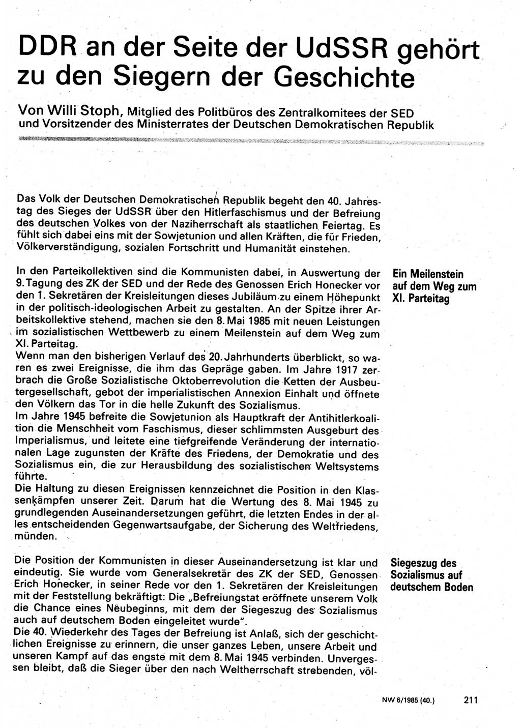 Neuer Weg (NW), Organ des Zentralkomitees (ZK) der SED (Sozialistische Einheitspartei Deutschlands) für Fragen des Parteilebens, 40. Jahrgang [Deutsche Demokratische Republik (DDR)] 1985, Seite 211 (NW ZK SED DDR 1985, S. 211)