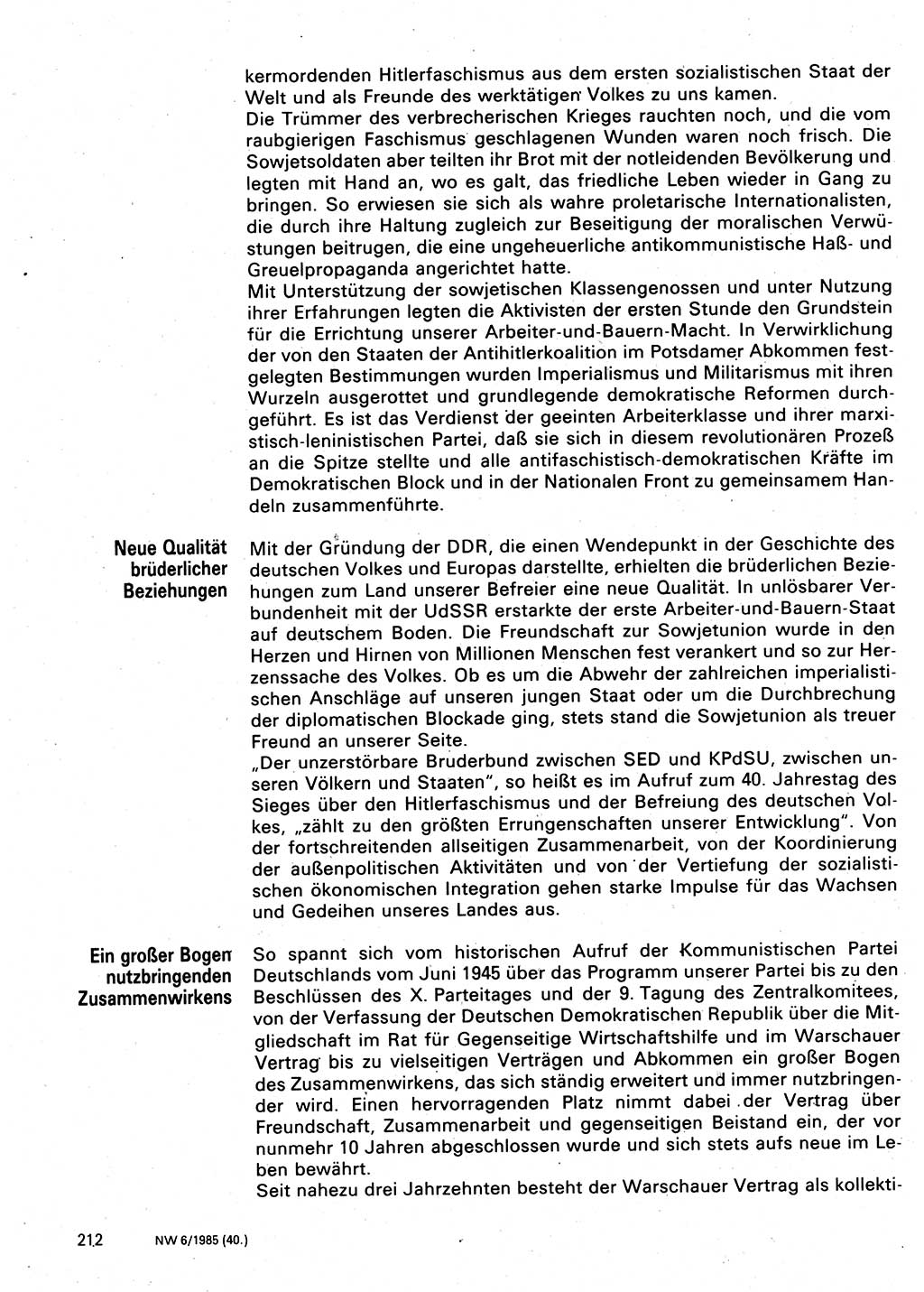 Neuer Weg (NW), Organ des Zentralkomitees (ZK) der SED (Sozialistische Einheitspartei Deutschlands) für Fragen des Parteilebens, 40. Jahrgang [Deutsche Demokratische Republik (DDR)] 1985, Seite 212 (NW ZK SED DDR 1985, S. 212)