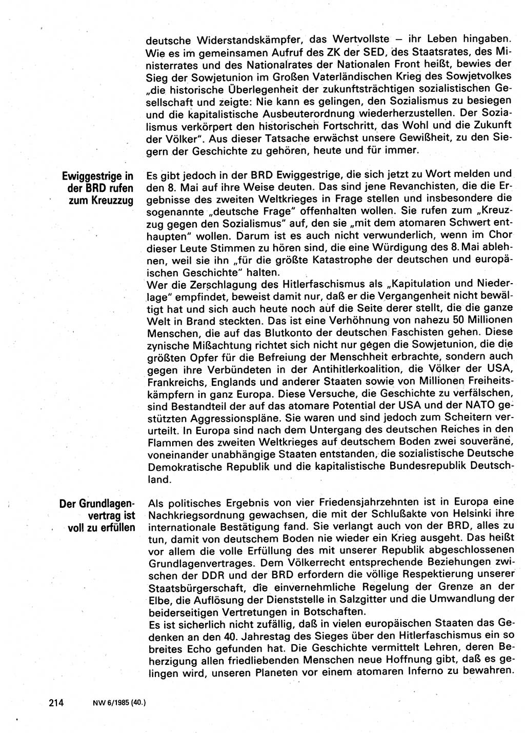 Neuer Weg (NW), Organ des Zentralkomitees (ZK) der SED (Sozialistische Einheitspartei Deutschlands) für Fragen des Parteilebens, 40. Jahrgang [Deutsche Demokratische Republik (DDR)] 1985, Seite 214 (NW ZK SED DDR 1985, S. 214)