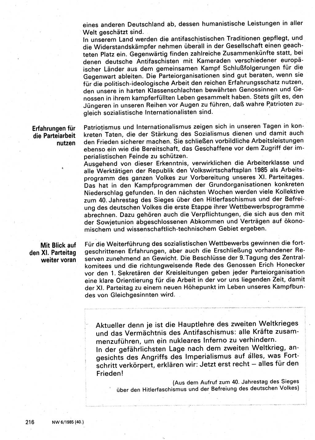 Neuer Weg (NW), Organ des Zentralkomitees (ZK) der SED (Sozialistische Einheitspartei Deutschlands) für Fragen des Parteilebens, 40. Jahrgang [Deutsche Demokratische Republik (DDR)] 1985, Seite 216 (NW ZK SED DDR 1985, S. 216)