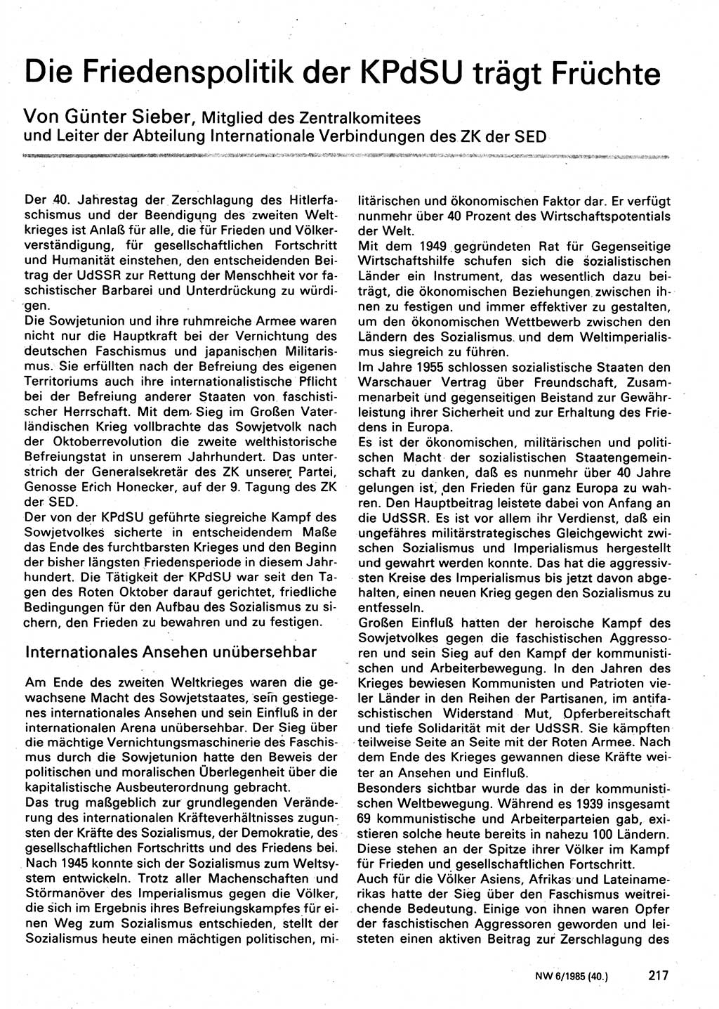 Neuer Weg (NW), Organ des Zentralkomitees (ZK) der SED (Sozialistische Einheitspartei Deutschlands) für Fragen des Parteilebens, 40. Jahrgang [Deutsche Demokratische Republik (DDR)] 1985, Seite 217 (NW ZK SED DDR 1985, S. 217)