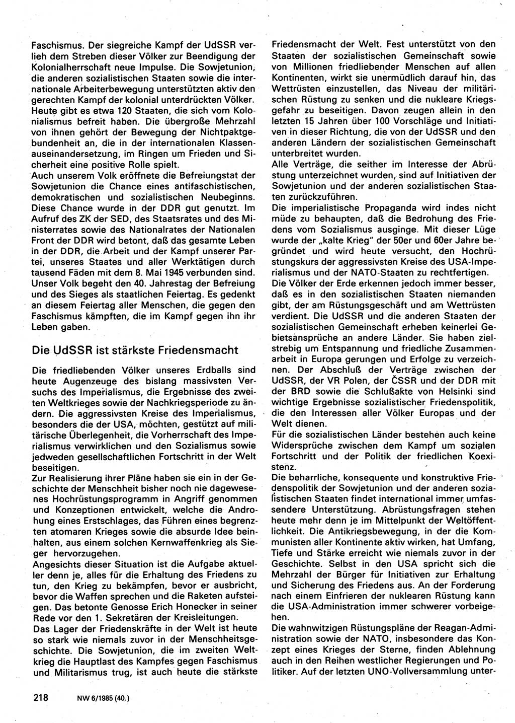 Neuer Weg (NW), Organ des Zentralkomitees (ZK) der SED (Sozialistische Einheitspartei Deutschlands) für Fragen des Parteilebens, 40. Jahrgang [Deutsche Demokratische Republik (DDR)] 1985, Seite 218 (NW ZK SED DDR 1985, S. 218)