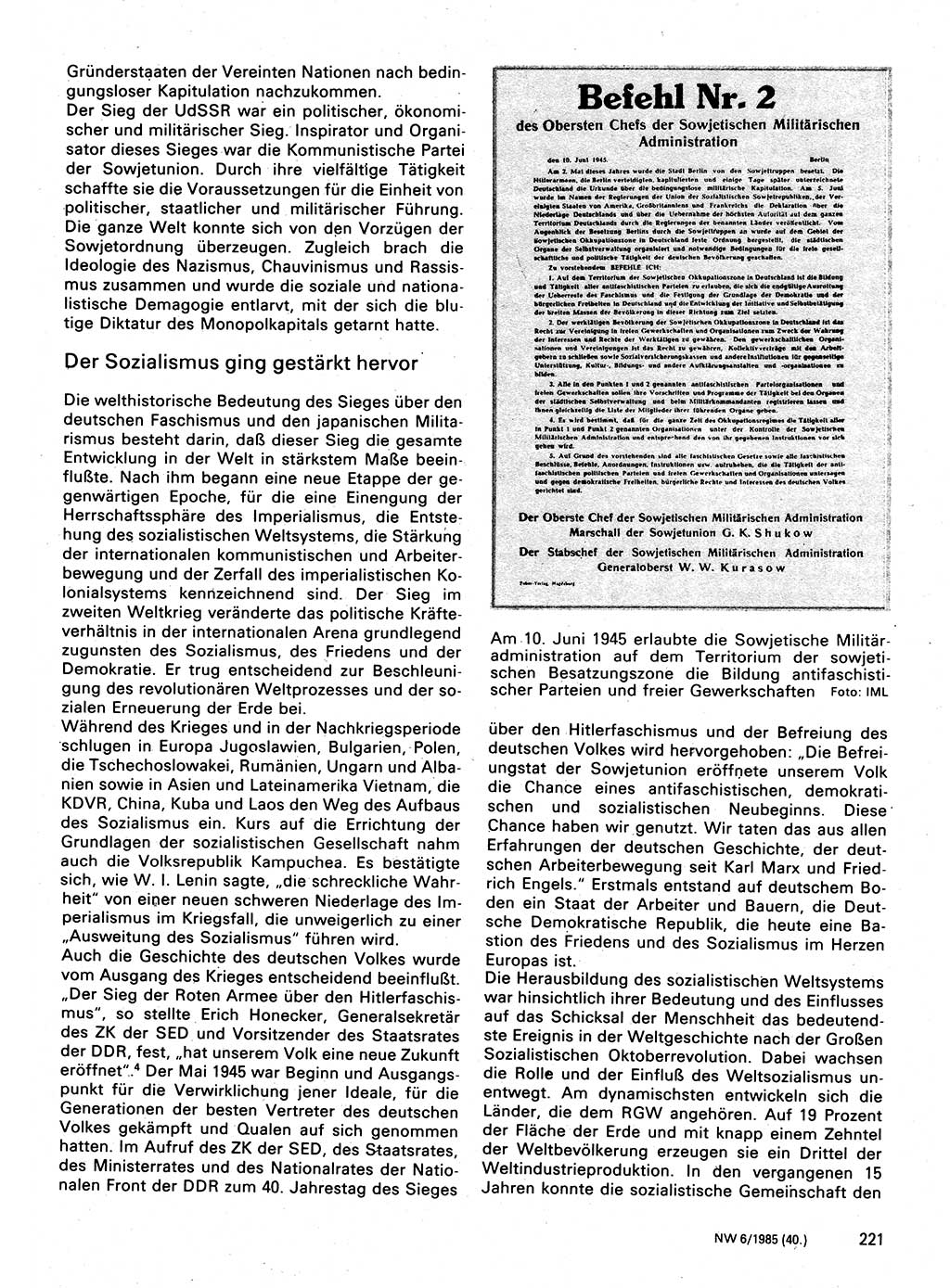 Neuer Weg (NW), Organ des Zentralkomitees (ZK) der SED (Sozialistische Einheitspartei Deutschlands) für Fragen des Parteilebens, 40. Jahrgang [Deutsche Demokratische Republik (DDR)] 1985, Seite 221 (NW ZK SED DDR 1985, S. 221)