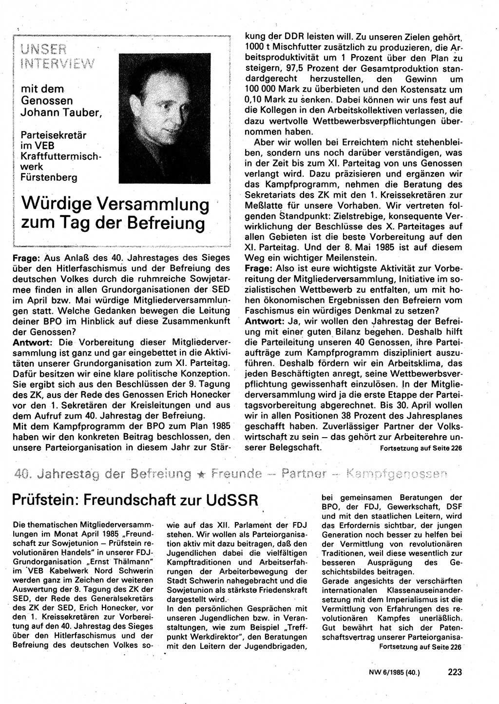 Neuer Weg (NW), Organ des Zentralkomitees (ZK) der SED (Sozialistische Einheitspartei Deutschlands) für Fragen des Parteilebens, 40. Jahrgang [Deutsche Demokratische Republik (DDR)] 1985, Seite 223 (NW ZK SED DDR 1985, S. 223)