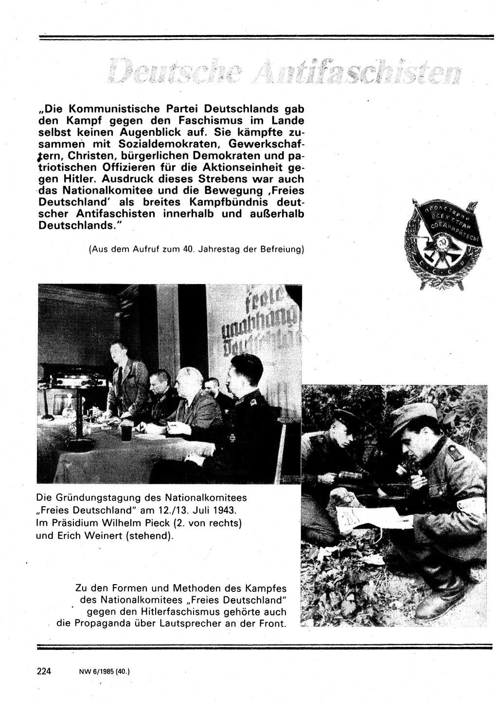 Neuer Weg (NW), Organ des Zentralkomitees (ZK) der SED (Sozialistische Einheitspartei Deutschlands) für Fragen des Parteilebens, 40. Jahrgang [Deutsche Demokratische Republik (DDR)] 1985, Seite 224 (NW ZK SED DDR 1985, S. 224)