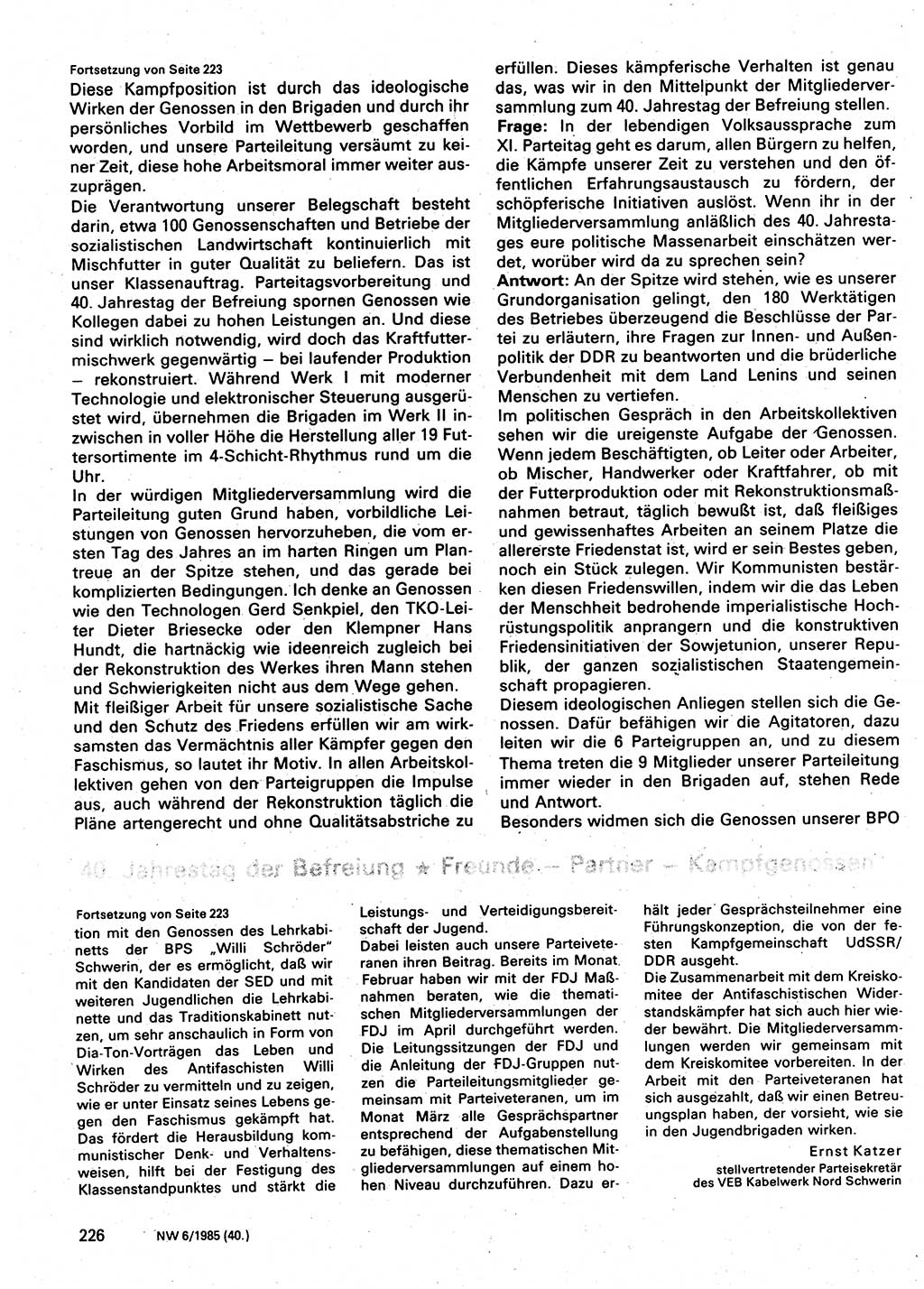 Neuer Weg (NW), Organ des Zentralkomitees (ZK) der SED (Sozialistische Einheitspartei Deutschlands) für Fragen des Parteilebens, 40. Jahrgang [Deutsche Demokratische Republik (DDR)] 1985, Seite 226 (NW ZK SED DDR 1985, S. 226)