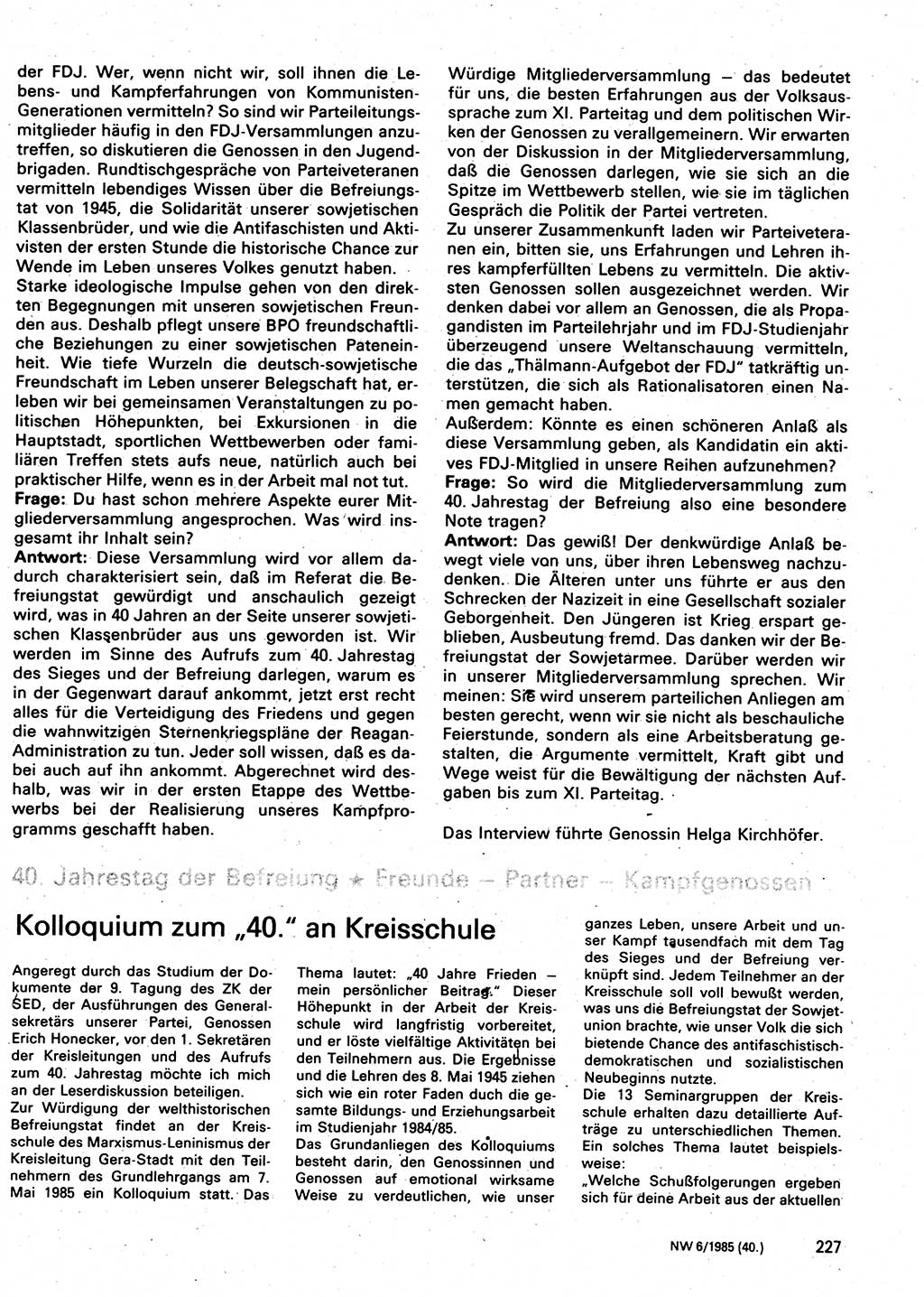 Neuer Weg (NW), Organ des Zentralkomitees (ZK) der SED (Sozialistische Einheitspartei Deutschlands) für Fragen des Parteilebens, 40. Jahrgang [Deutsche Demokratische Republik (DDR)] 1985, Seite 227 (NW ZK SED DDR 1985, S. 227)