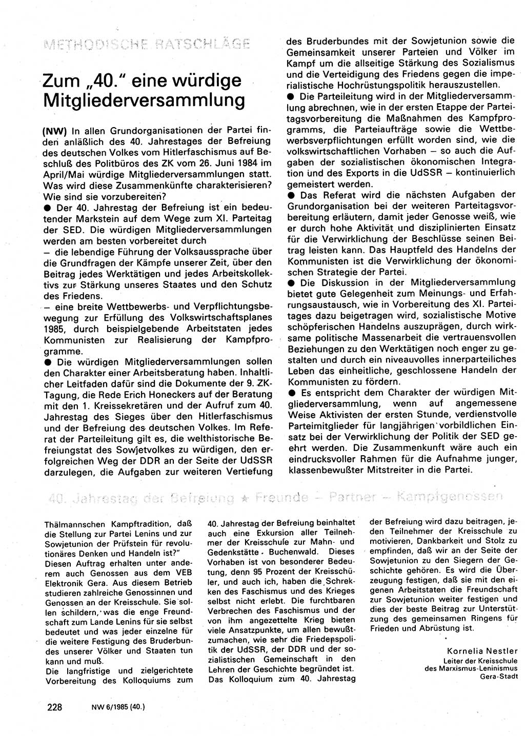 Neuer Weg (NW), Organ des Zentralkomitees (ZK) der SED (Sozialistische Einheitspartei Deutschlands) für Fragen des Parteilebens, 40. Jahrgang [Deutsche Demokratische Republik (DDR)] 1985, Seite 228 (NW ZK SED DDR 1985, S. 228)