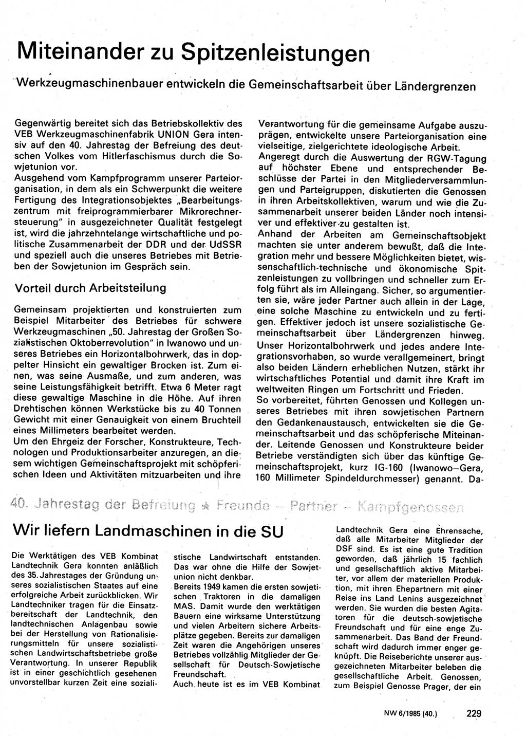 Neuer Weg (NW), Organ des Zentralkomitees (ZK) der SED (Sozialistische Einheitspartei Deutschlands) für Fragen des Parteilebens, 40. Jahrgang [Deutsche Demokratische Republik (DDR)] 1985, Seite 229 (NW ZK SED DDR 1985, S. 229)