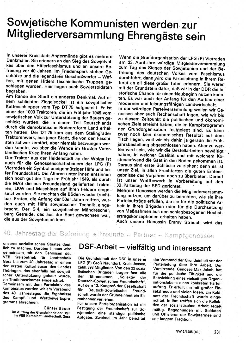 Neuer Weg (NW), Organ des Zentralkomitees (ZK) der SED (Sozialistische Einheitspartei Deutschlands) für Fragen des Parteilebens, 40. Jahrgang [Deutsche Demokratische Republik (DDR)] 1985, Seite 231 (NW ZK SED DDR 1985, S. 231)