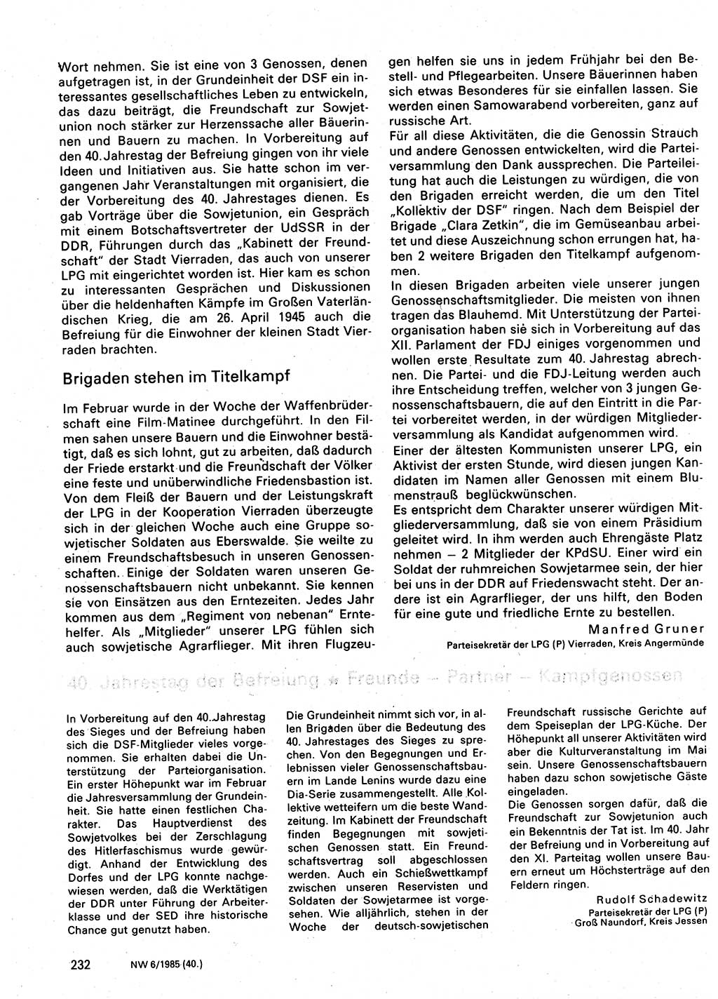 Neuer Weg (NW), Organ des Zentralkomitees (ZK) der SED (Sozialistische Einheitspartei Deutschlands) für Fragen des Parteilebens, 40. Jahrgang [Deutsche Demokratische Republik (DDR)] 1985, Seite 232 (NW ZK SED DDR 1985, S. 232)