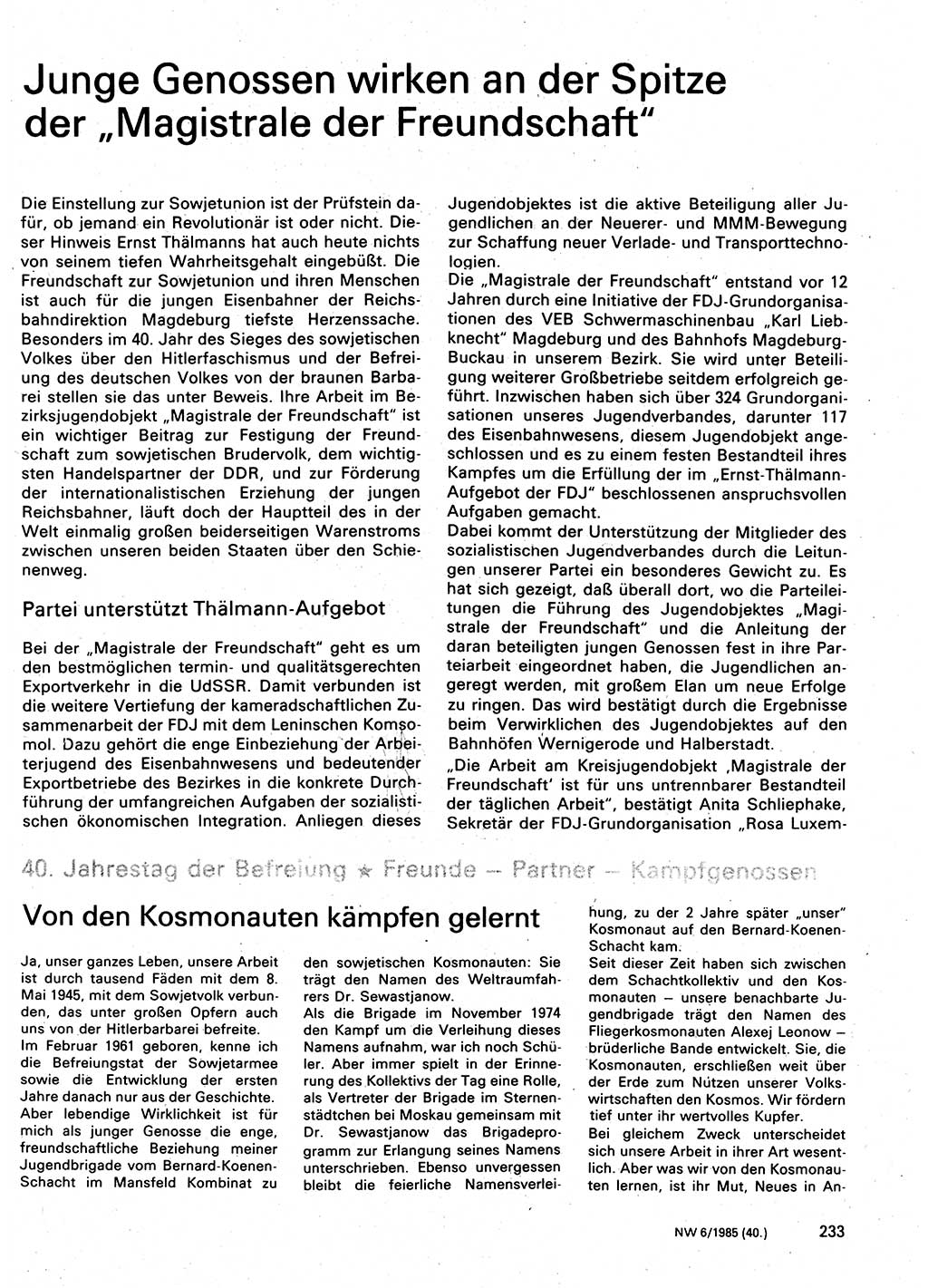 Neuer Weg (NW), Organ des Zentralkomitees (ZK) der SED (Sozialistische Einheitspartei Deutschlands) für Fragen des Parteilebens, 40. Jahrgang [Deutsche Demokratische Republik (DDR)] 1985, Seite 233 (NW ZK SED DDR 1985, S. 233)
