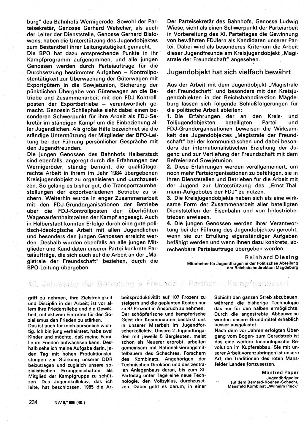 Neuer Weg (NW), Organ des Zentralkomitees (ZK) der SED (Sozialistische Einheitspartei Deutschlands) für Fragen des Parteilebens, 40. Jahrgang [Deutsche Demokratische Republik (DDR)] 1985, Seite 234 (NW ZK SED DDR 1985, S. 234)