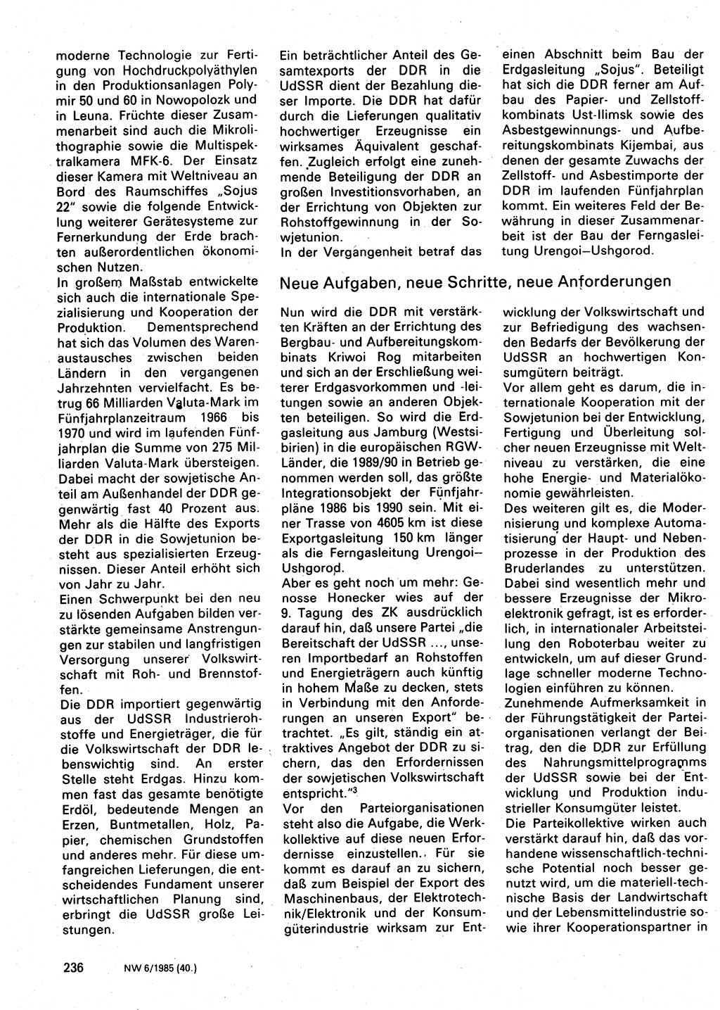 Neuer Weg (NW), Organ des Zentralkomitees (ZK) der SED (Sozialistische Einheitspartei Deutschlands) für Fragen des Parteilebens, 40. Jahrgang [Deutsche Demokratische Republik (DDR)] 1985, Seite 236 (NW ZK SED DDR 1985, S. 236)