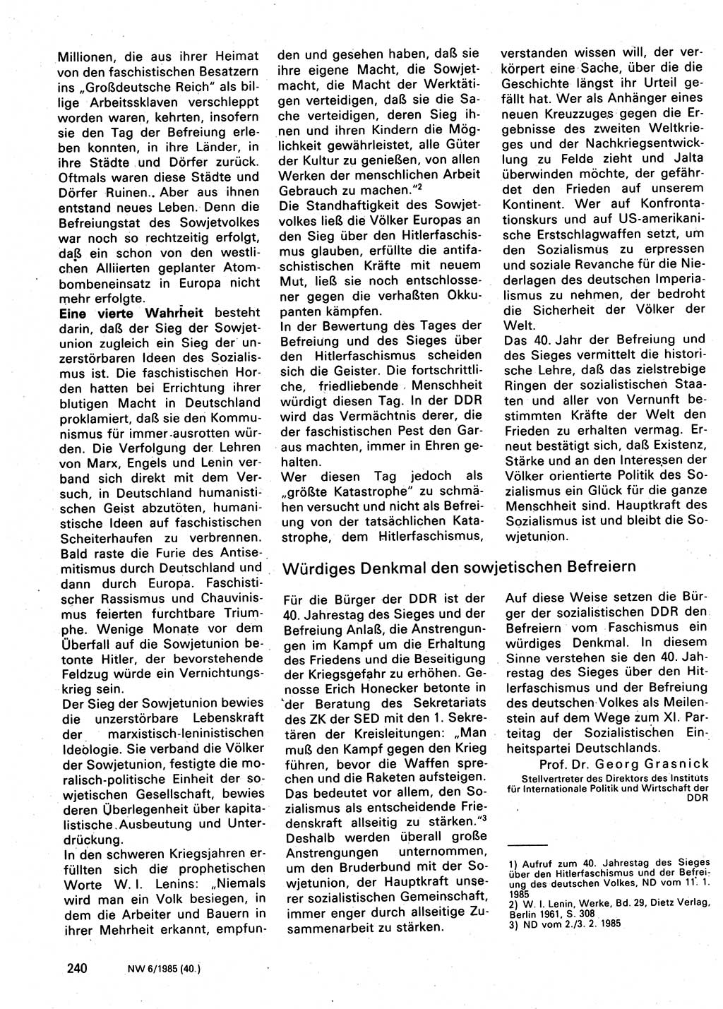 Neuer Weg (NW), Organ des Zentralkomitees (ZK) der SED (Sozialistische Einheitspartei Deutschlands) für Fragen des Parteilebens, 40. Jahrgang [Deutsche Demokratische Republik (DDR)] 1985, Seite 240 (NW ZK SED DDR 1985, S. 240)