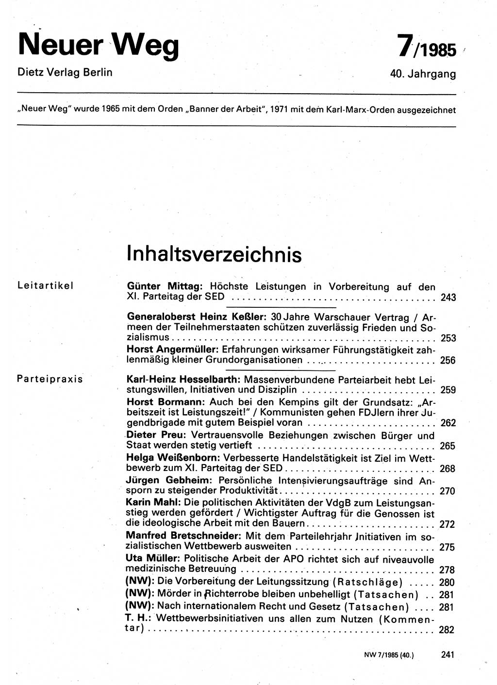 Neuer Weg (NW), Organ des Zentralkomitees (ZK) der SED (Sozialistische Einheitspartei Deutschlands) für Fragen des Parteilebens, 40. Jahrgang [Deutsche Demokratische Republik (DDR)] 1985, Seite 241 (NW ZK SED DDR 1985, S. 241)