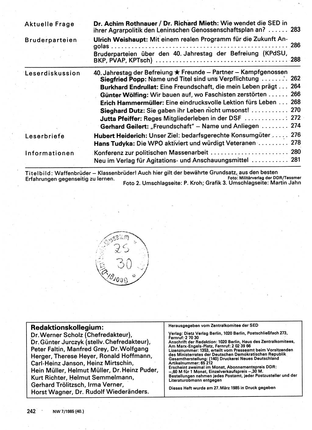 Neuer Weg (NW), Organ des Zentralkomitees (ZK) der SED (Sozialistische Einheitspartei Deutschlands) für Fragen des Parteilebens, 40. Jahrgang [Deutsche Demokratische Republik (DDR)] 1985, Seite 242 (NW ZK SED DDR 1985, S. 242)