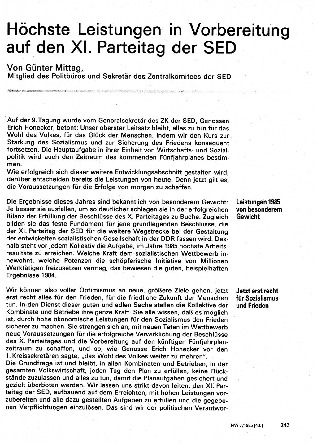 Neuer Weg (NW), Organ des Zentralkomitees (ZK) der SED (Sozialistische Einheitspartei Deutschlands) für Fragen des Parteilebens, 40. Jahrgang [Deutsche Demokratische Republik (DDR)] 1985, Seite 243 (NW ZK SED DDR 1985, S. 243)