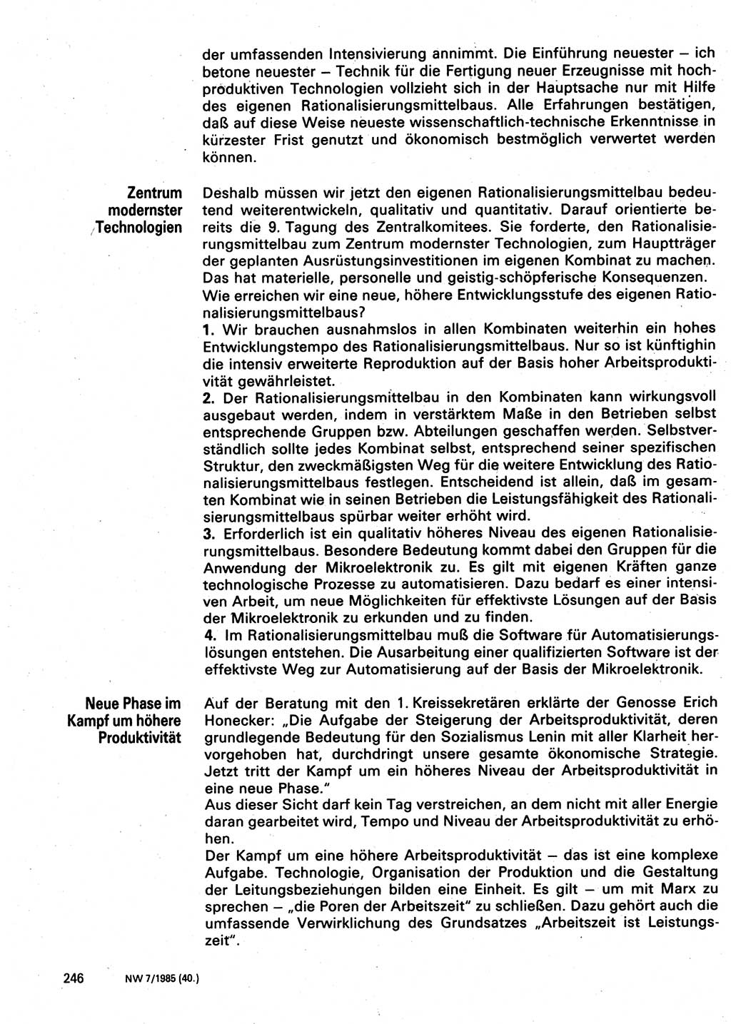 Neuer Weg (NW), Organ des Zentralkomitees (ZK) der SED (Sozialistische Einheitspartei Deutschlands) für Fragen des Parteilebens, 40. Jahrgang [Deutsche Demokratische Republik (DDR)] 1985, Seite 246 (NW ZK SED DDR 1985, S. 246)