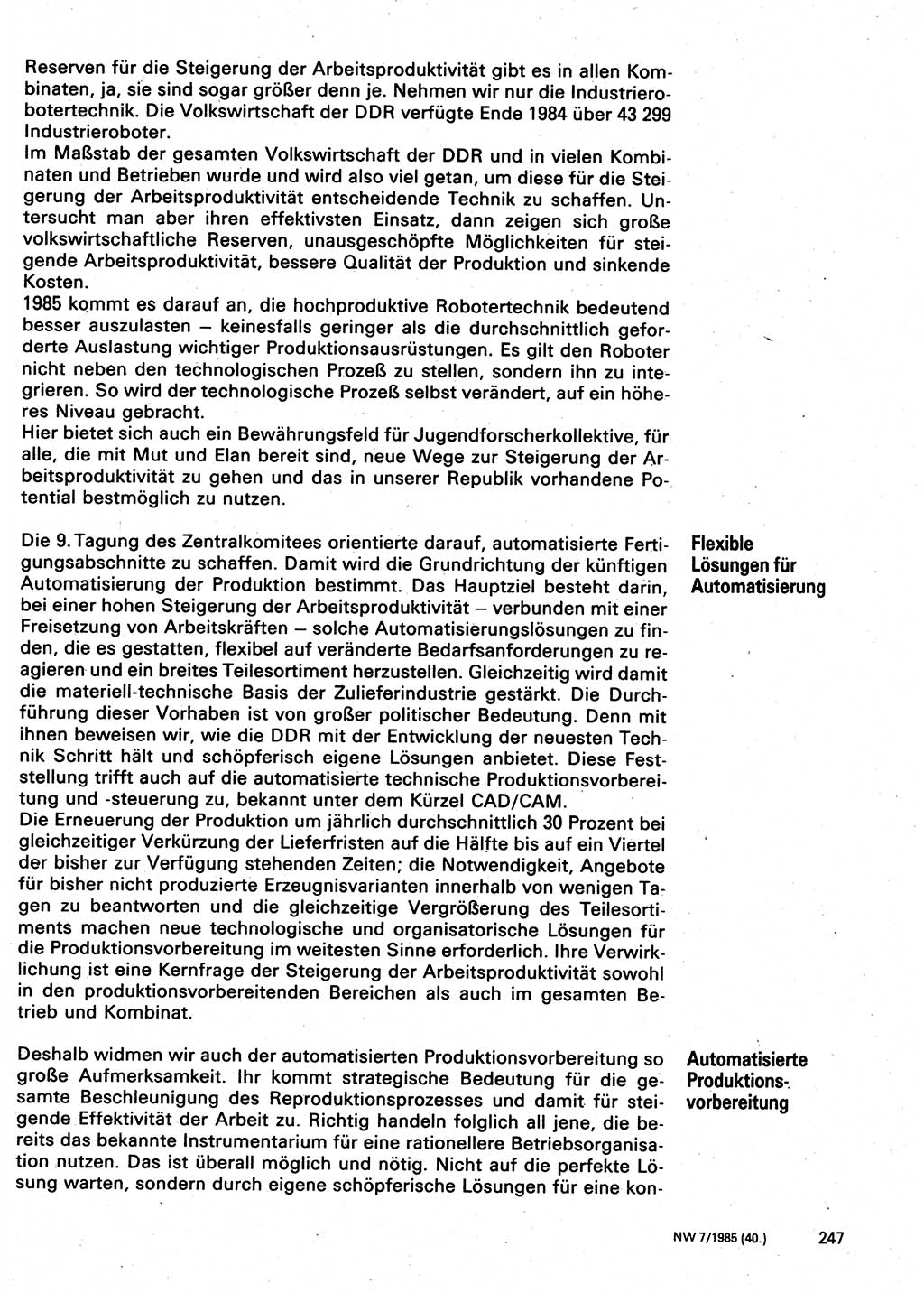 Neuer Weg (NW), Organ des Zentralkomitees (ZK) der SED (Sozialistische Einheitspartei Deutschlands) für Fragen des Parteilebens, 40. Jahrgang [Deutsche Demokratische Republik (DDR)] 1985, Seite 247 (NW ZK SED DDR 1985, S. 247)