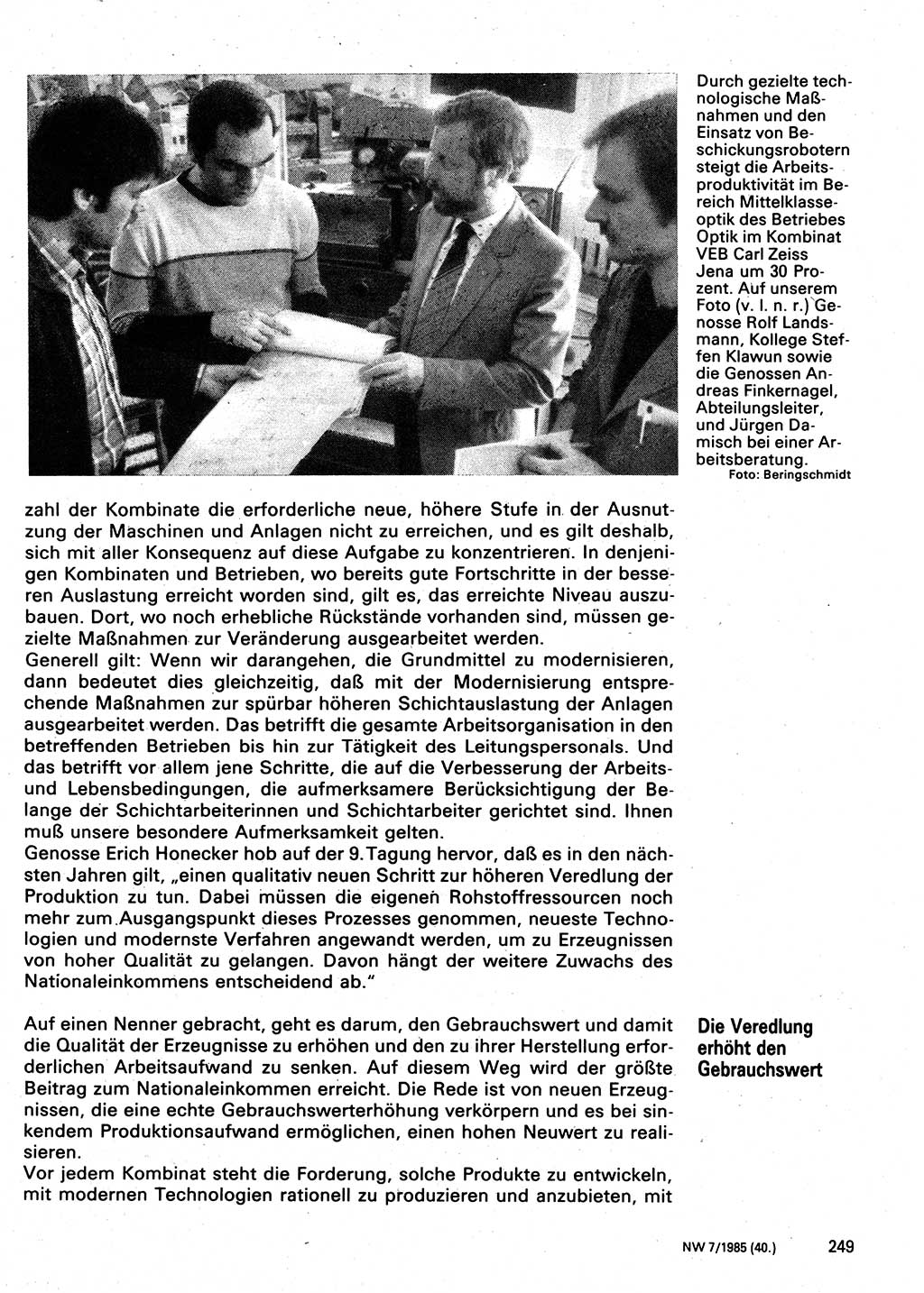 Neuer Weg (NW), Organ des Zentralkomitees (ZK) der SED (Sozialistische Einheitspartei Deutschlands) für Fragen des Parteilebens, 40. Jahrgang [Deutsche Demokratische Republik (DDR)] 1985, Seite 249 (NW ZK SED DDR 1985, S. 249)