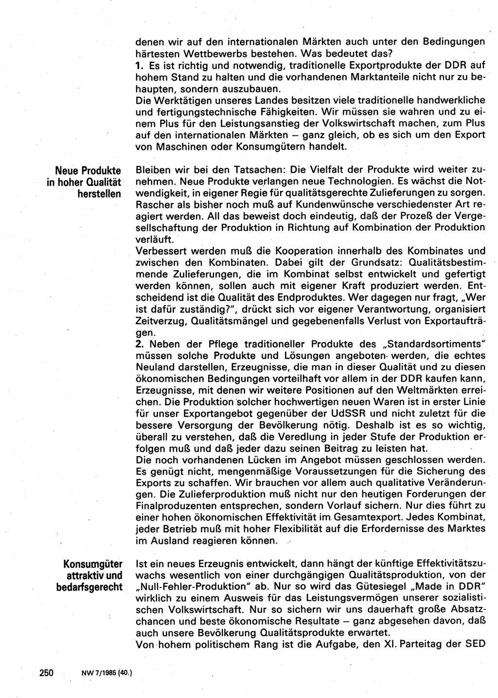 Neuer Weg (NW), Organ des Zentralkomitees (ZK) der SED (Sozialistische Einheitspartei Deutschlands) für Fragen des Parteilebens, 40. Jahrgang [Deutsche Demokratische Republik (DDR)] 1985, Seite 250 (NW ZK SED DDR 1985, S. 250)