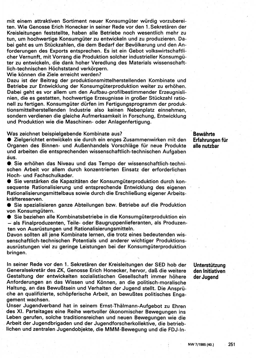 Neuer Weg (NW), Organ des Zentralkomitees (ZK) der SED (Sozialistische Einheitspartei Deutschlands) für Fragen des Parteilebens, 40. Jahrgang [Deutsche Demokratische Republik (DDR)] 1985, Seite 251 (NW ZK SED DDR 1985, S. 251)