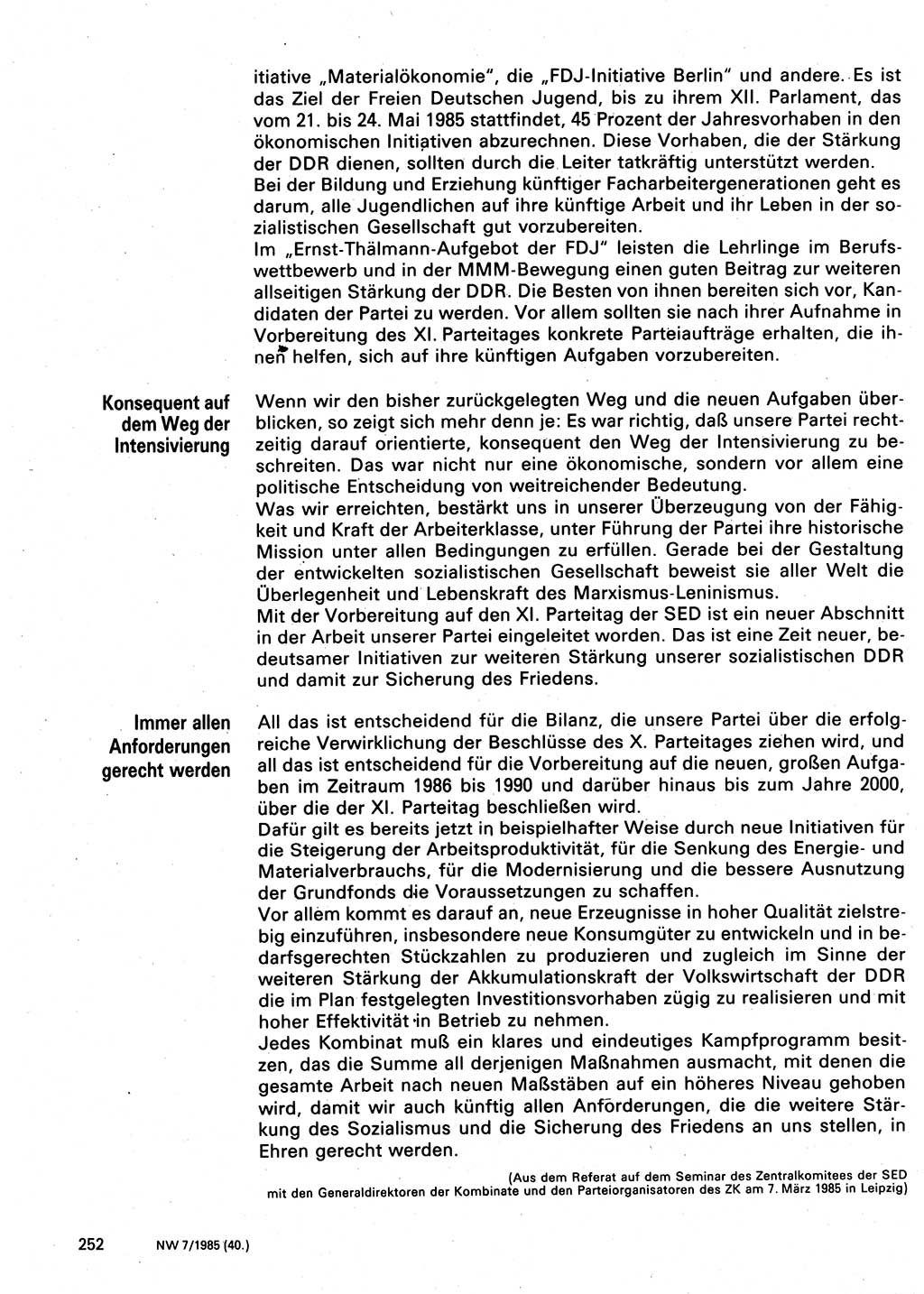 Neuer Weg (NW), Organ des Zentralkomitees (ZK) der SED (Sozialistische Einheitspartei Deutschlands) für Fragen des Parteilebens, 40. Jahrgang [Deutsche Demokratische Republik (DDR)] 1985, Seite 252 (NW ZK SED DDR 1985, S. 252)