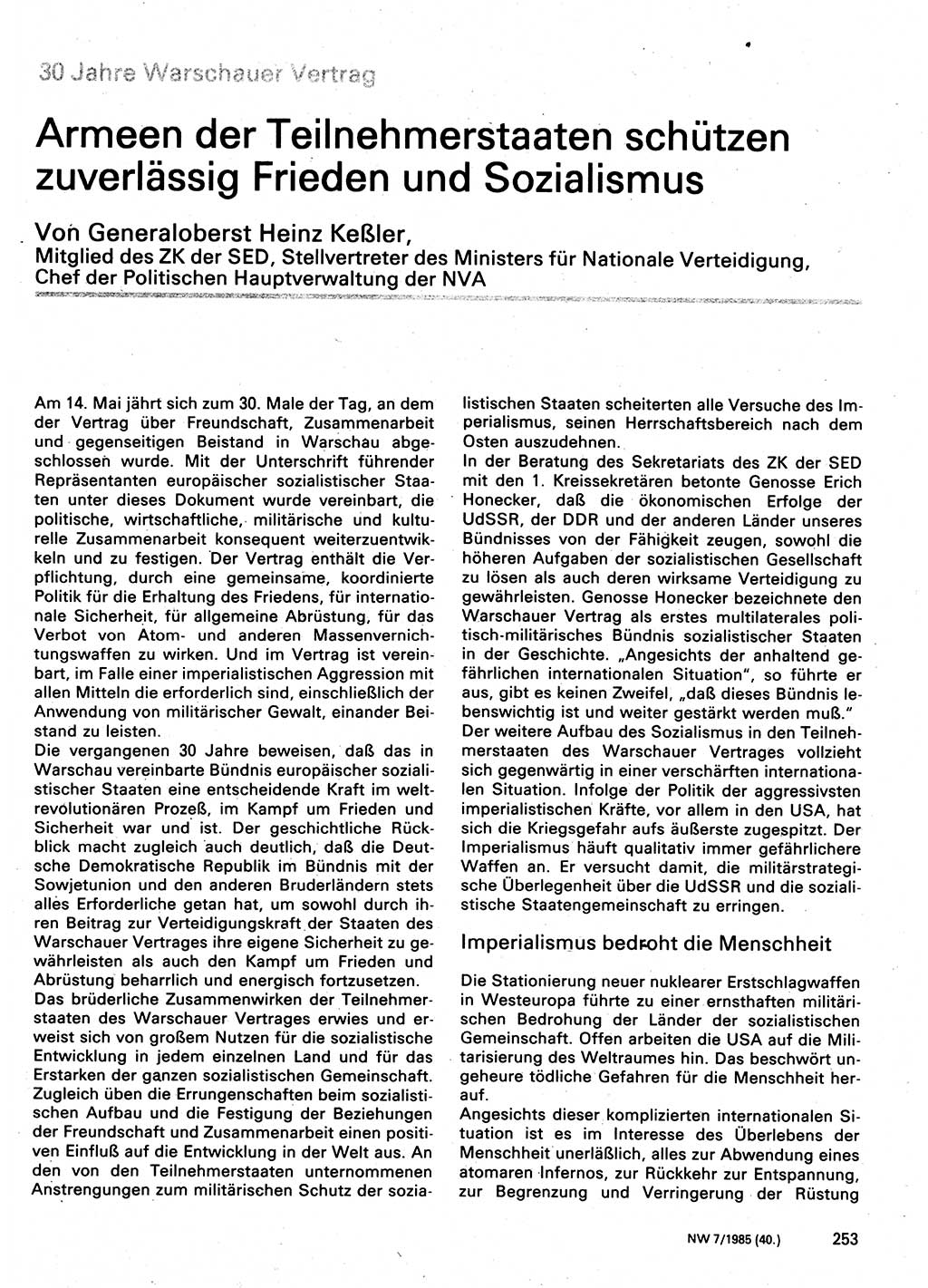 Neuer Weg (NW), Organ des Zentralkomitees (ZK) der SED (Sozialistische Einheitspartei Deutschlands) für Fragen des Parteilebens, 40. Jahrgang [Deutsche Demokratische Republik (DDR)] 1985, Seite 253 (NW ZK SED DDR 1985, S. 253)