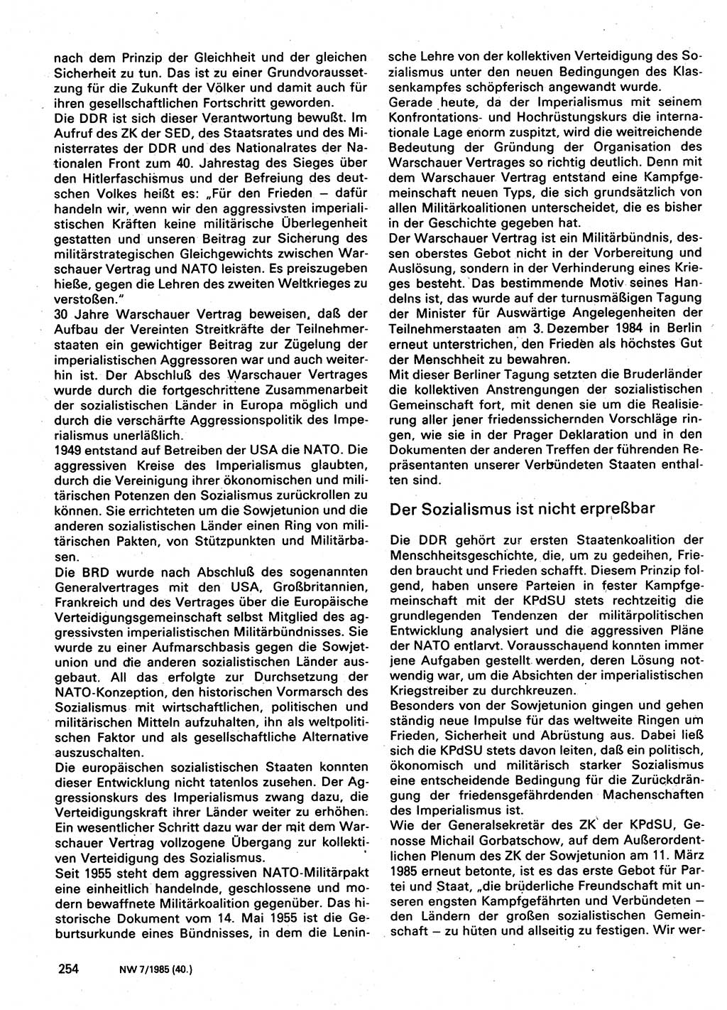 Neuer Weg (NW), Organ des Zentralkomitees (ZK) der SED (Sozialistische Einheitspartei Deutschlands) für Fragen des Parteilebens, 40. Jahrgang [Deutsche Demokratische Republik (DDR)] 1985, Seite 254 (NW ZK SED DDR 1985, S. 254)