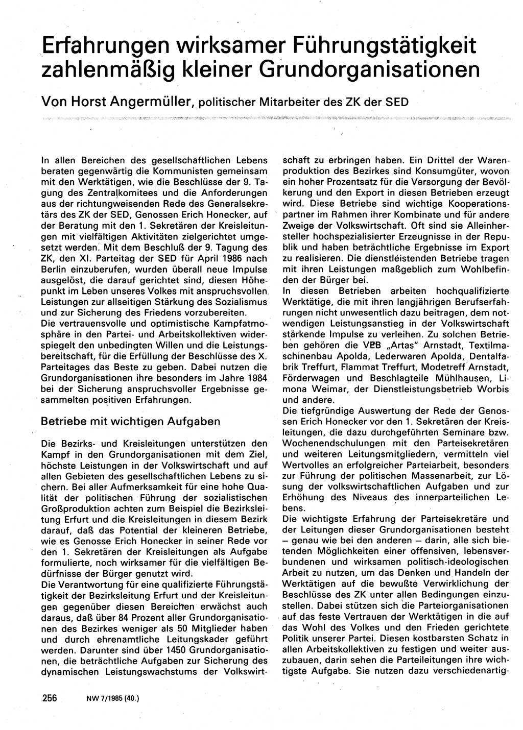 Neuer Weg (NW), Organ des Zentralkomitees (ZK) der SED (Sozialistische Einheitspartei Deutschlands) für Fragen des Parteilebens, 40. Jahrgang [Deutsche Demokratische Republik (DDR)] 1985, Seite 256 (NW ZK SED DDR 1985, S. 256)