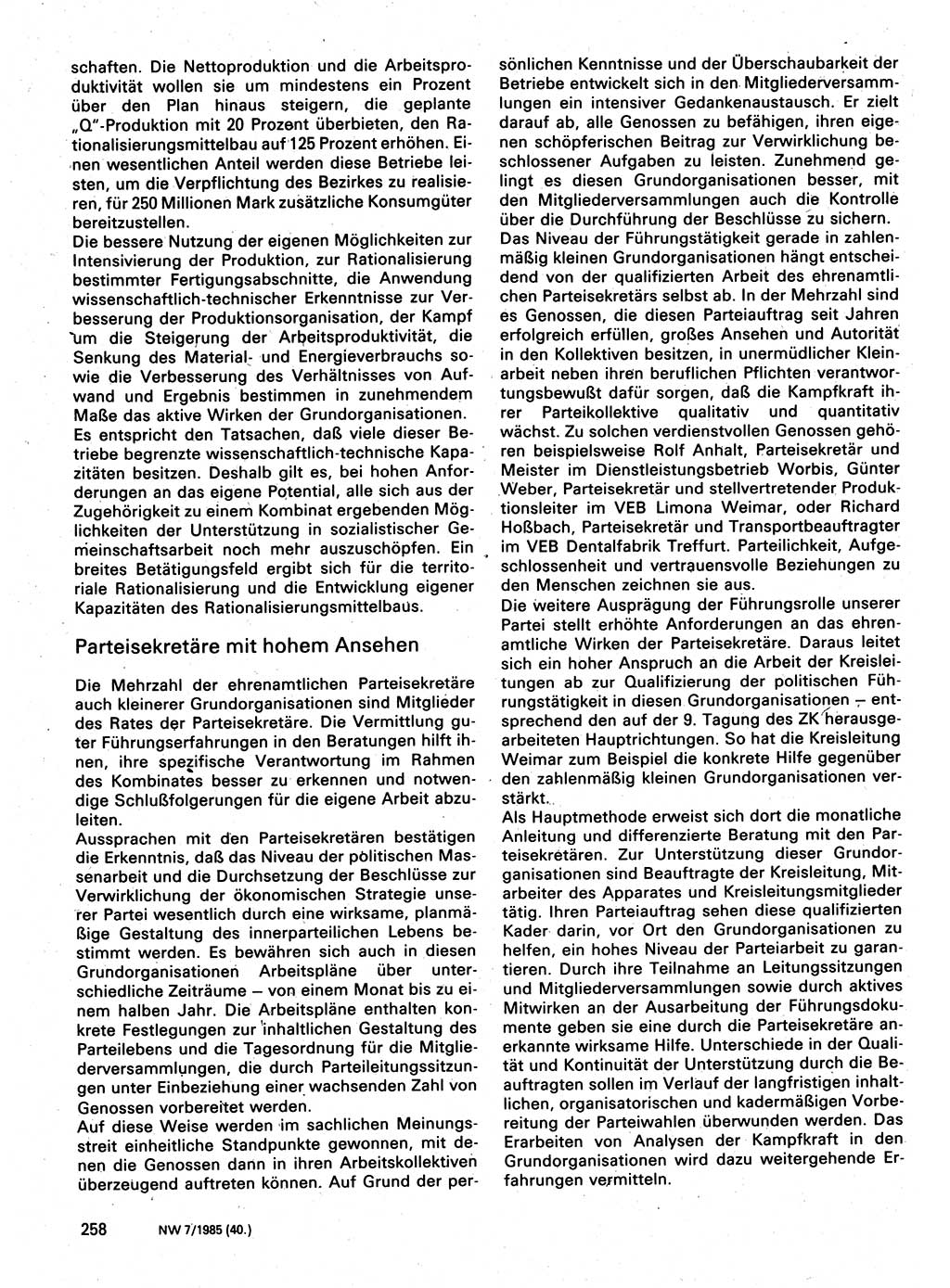 Neuer Weg (NW), Organ des Zentralkomitees (ZK) der SED (Sozialistische Einheitspartei Deutschlands) für Fragen des Parteilebens, 40. Jahrgang [Deutsche Demokratische Republik (DDR)] 1985, Seite 258 (NW ZK SED DDR 1985, S. 258)