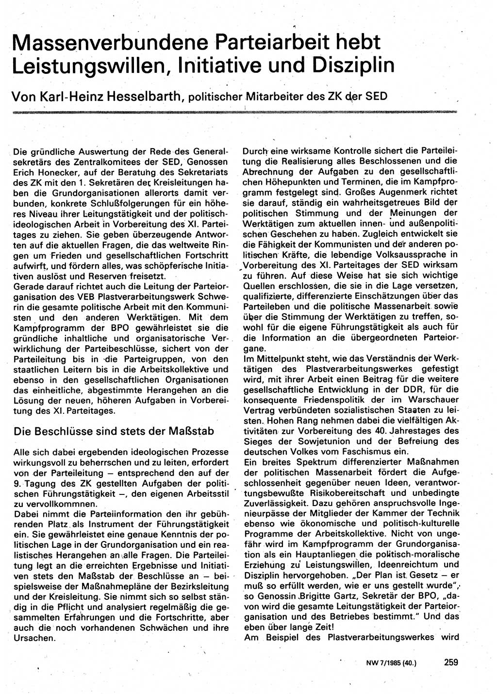 Neuer Weg (NW), Organ des Zentralkomitees (ZK) der SED (Sozialistische Einheitspartei Deutschlands) für Fragen des Parteilebens, 40. Jahrgang [Deutsche Demokratische Republik (DDR)] 1985, Seite 259 (NW ZK SED DDR 1985, S. 259)