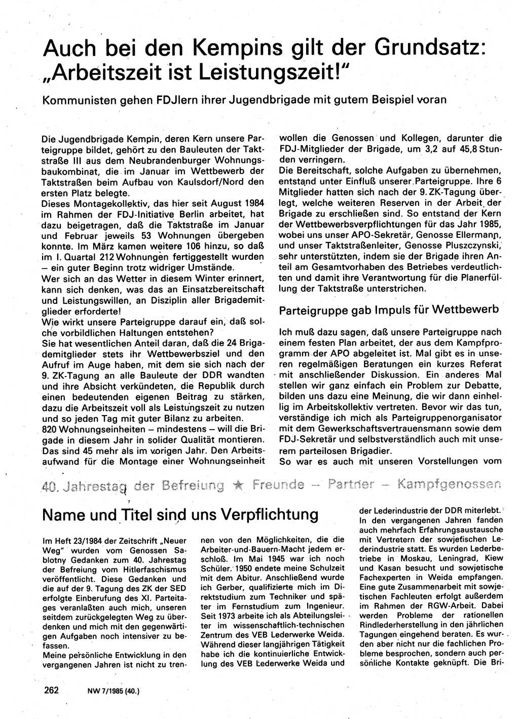 Neuer Weg (NW), Organ des Zentralkomitees (ZK) der SED (Sozialistische Einheitspartei Deutschlands) für Fragen des Parteilebens, 40. Jahrgang [Deutsche Demokratische Republik (DDR)] 1985, Seite 262 (NW ZK SED DDR 1985, S. 262)