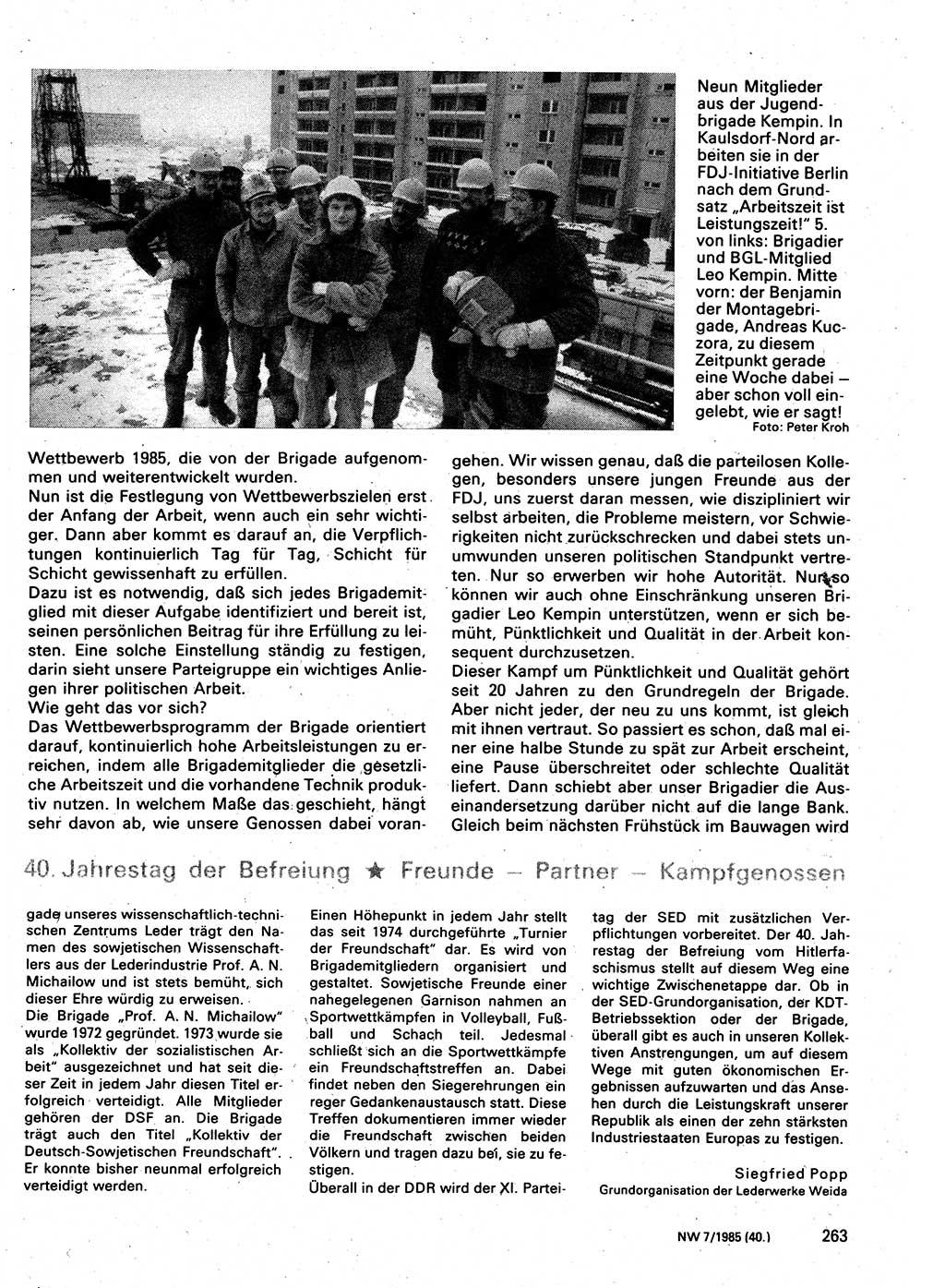 Neuer Weg (NW), Organ des Zentralkomitees (ZK) der SED (Sozialistische Einheitspartei Deutschlands) für Fragen des Parteilebens, 40. Jahrgang [Deutsche Demokratische Republik (DDR)] 1985, Seite 263 (NW ZK SED DDR 1985, S. 263)